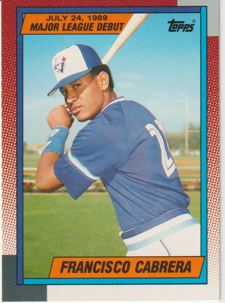 Baseball trading card of Francisco Cabrera with a blue border and red accents.