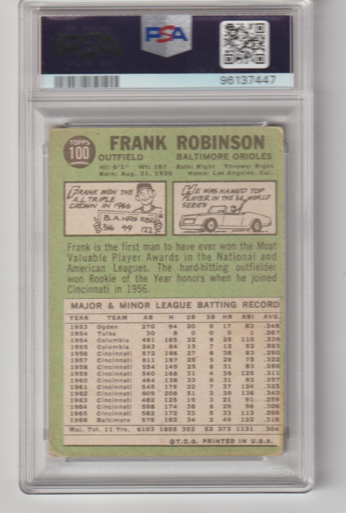 Baseball card of Frank Robinson with PSA grading label