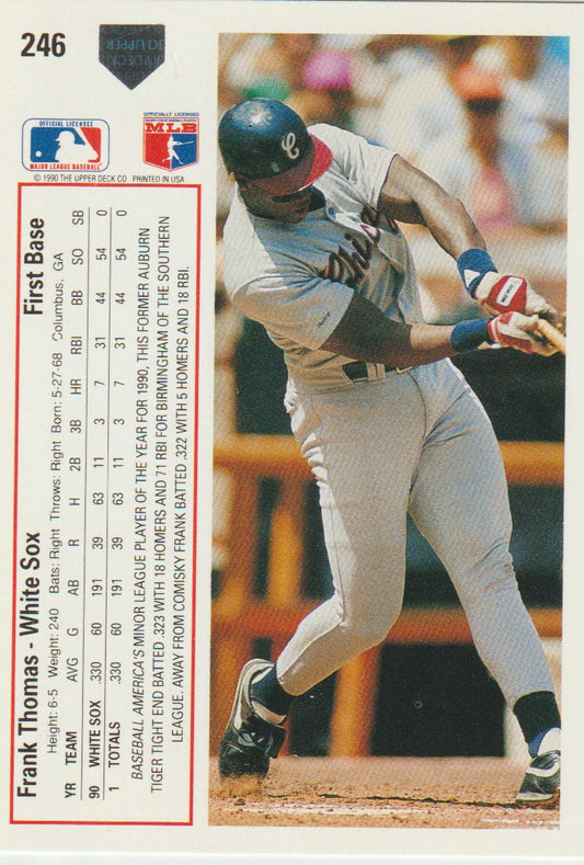 Baseball trading card of Frank Thomas with statistics and team information.