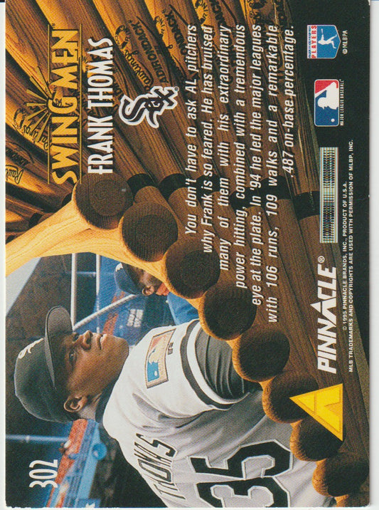 Baseball trading card featuring Frank Thomas with a bat and text on the back