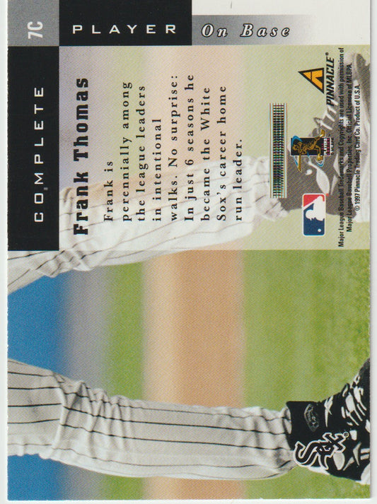 Baseball trading card of Frank Thomas with player statistics and graphics.