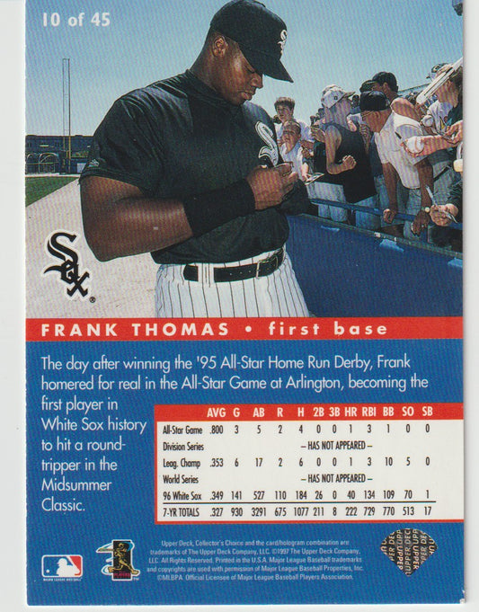 Baseball trading card of Frank Thomas with a background of a player signing autographs.