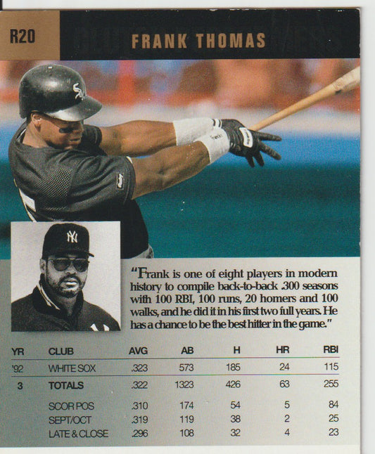 Baseball trading card of Frank Thomas with statistics and a smaller inset photo.