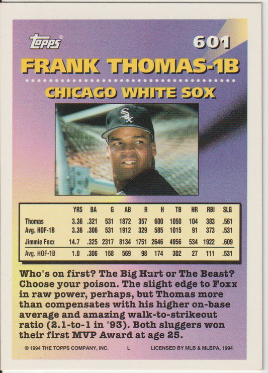 Baseball trading card of Frank Thomas for the Chicago White Sox, featuring his name, position, and statistics.