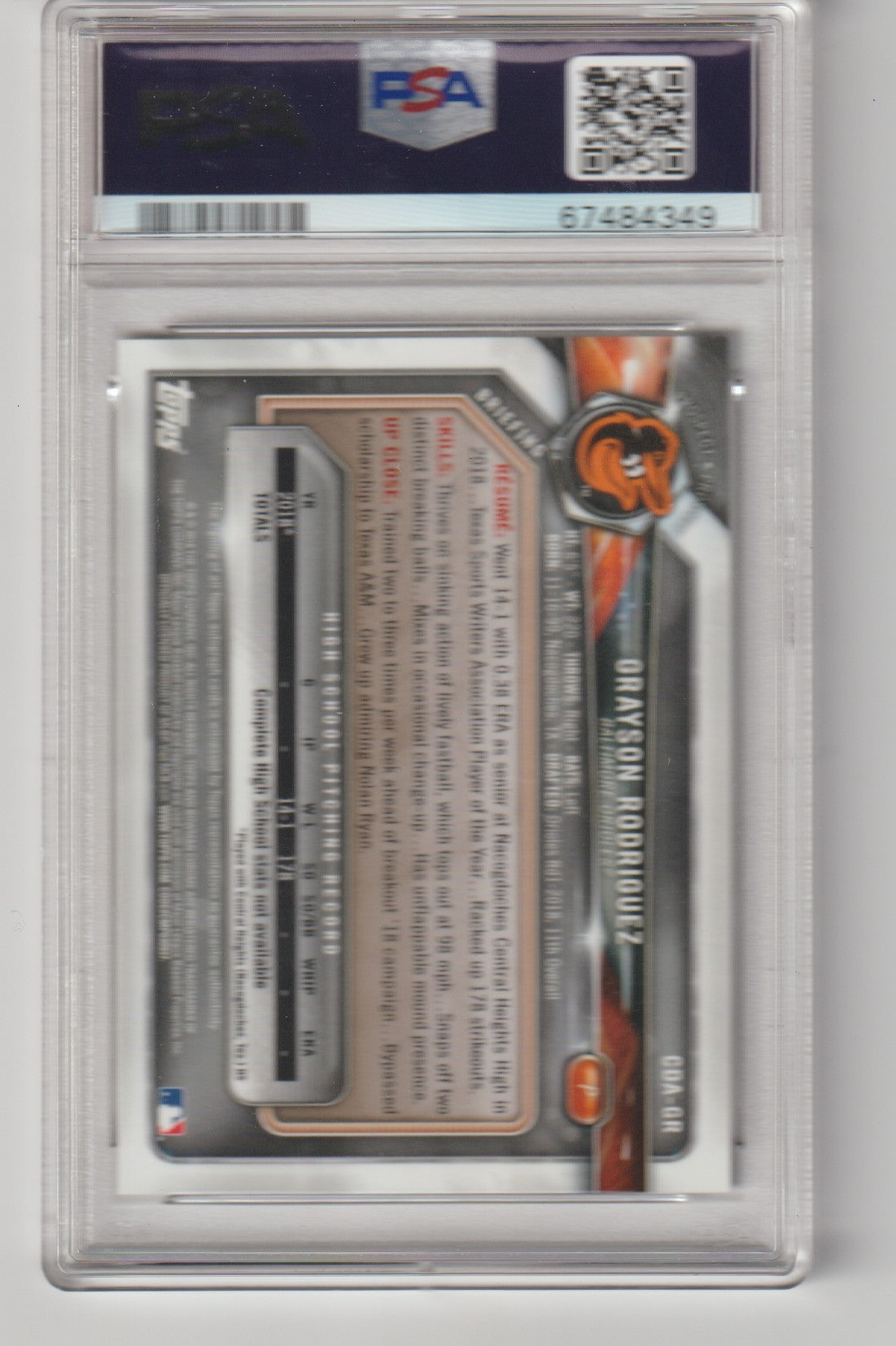 Baseball trading card in protective packaging with a PSA logo on a white background
