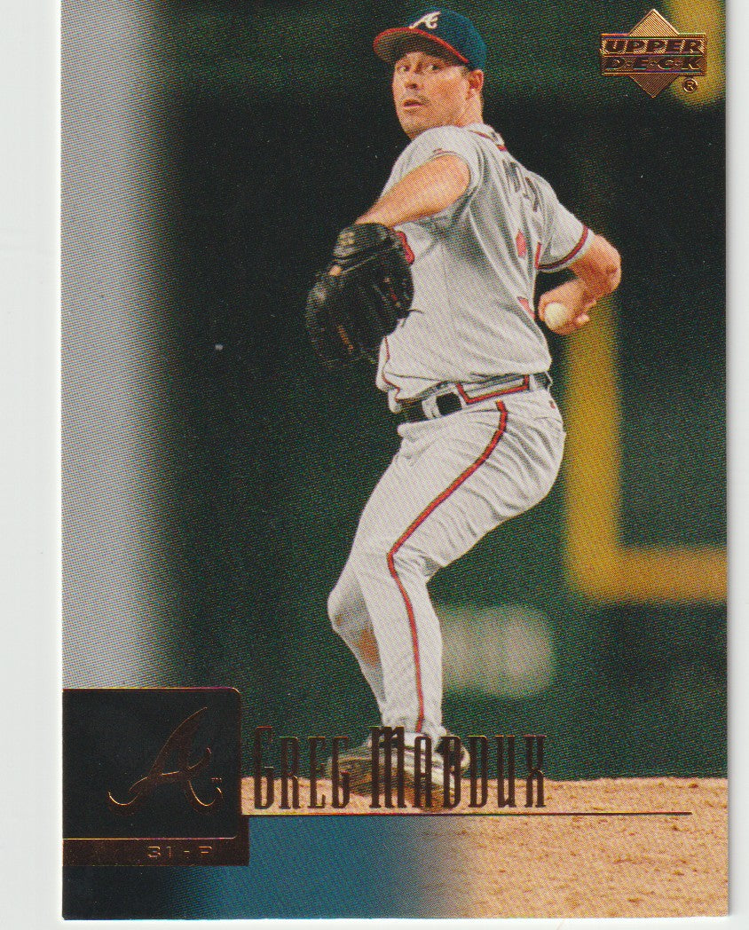 Baseball trading card of a pitcher in a gray uniform with a red stripe, featuring the Upper Deck logo.