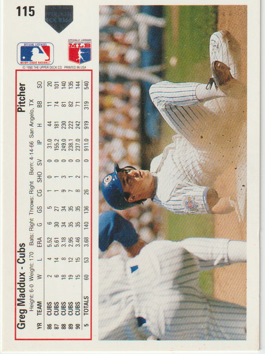 Baseball trading card of Greg Maddux in action with statistics on the left