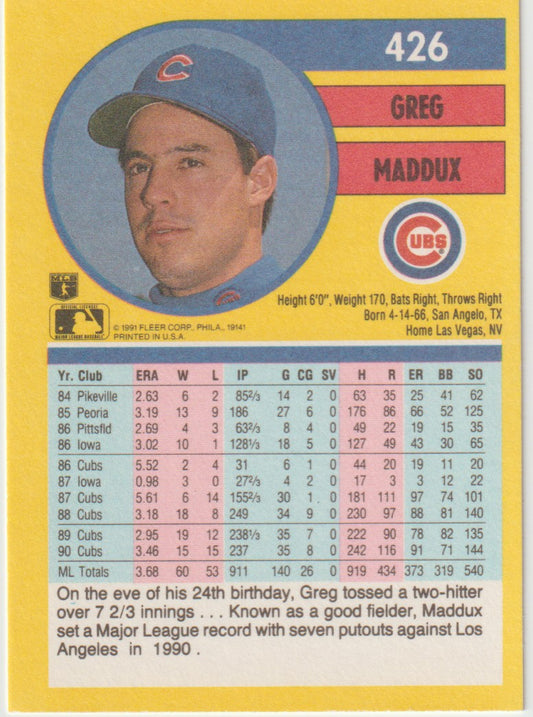 Baseball trading card of Greg Maddux with player statistics and profile on a yellow background
