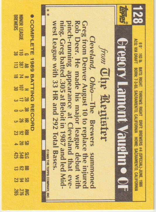 Baseball trading card back with player information and statistics on a yellow background