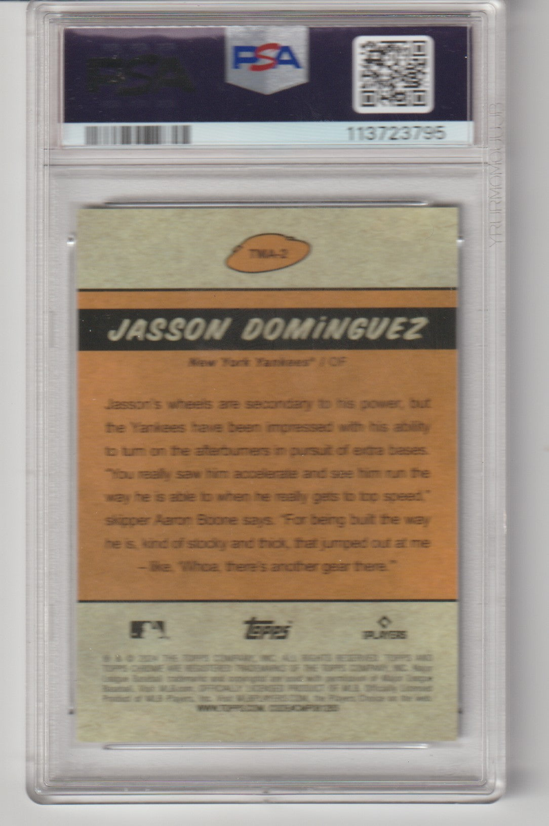 Baseball card of Jasson Dominguez with FSA grading label