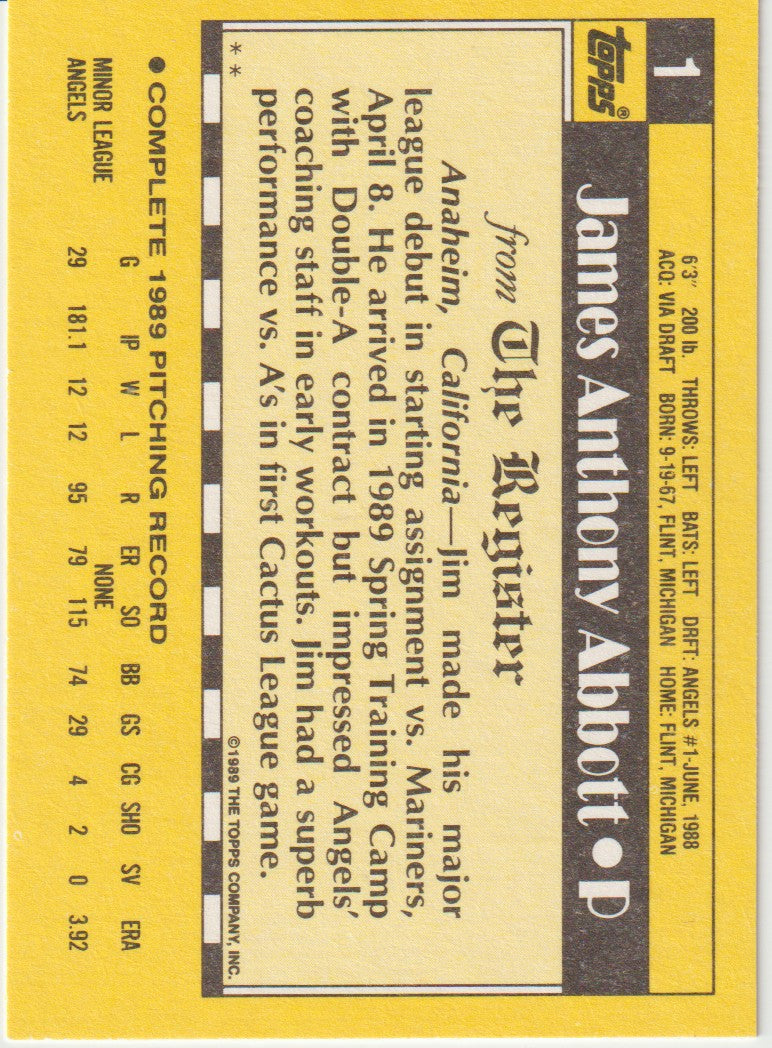 Back of baseball trading card featuring Jim Abbott's stats