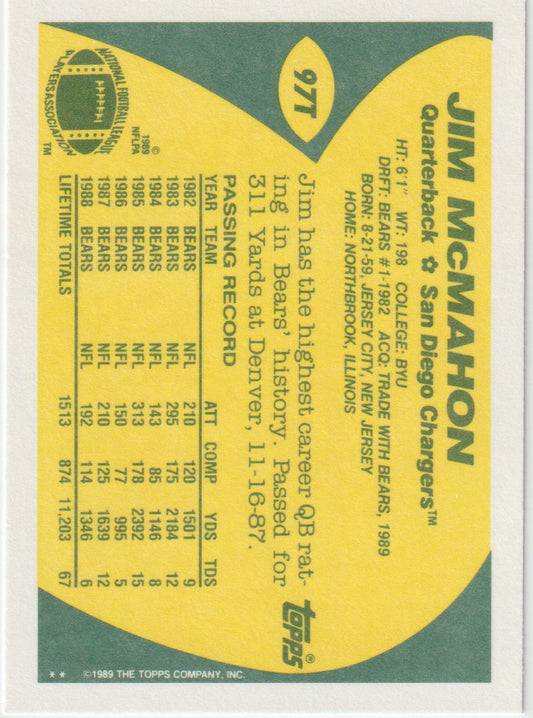 Vintage sports trading card for Jim McMahon of the San Diego Chargers with yellow and green design.