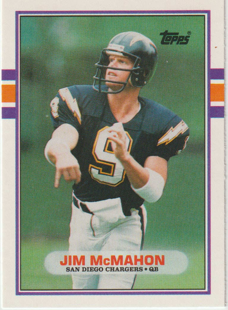 Vintage football trading card of Jim McMahon with Topps logo
