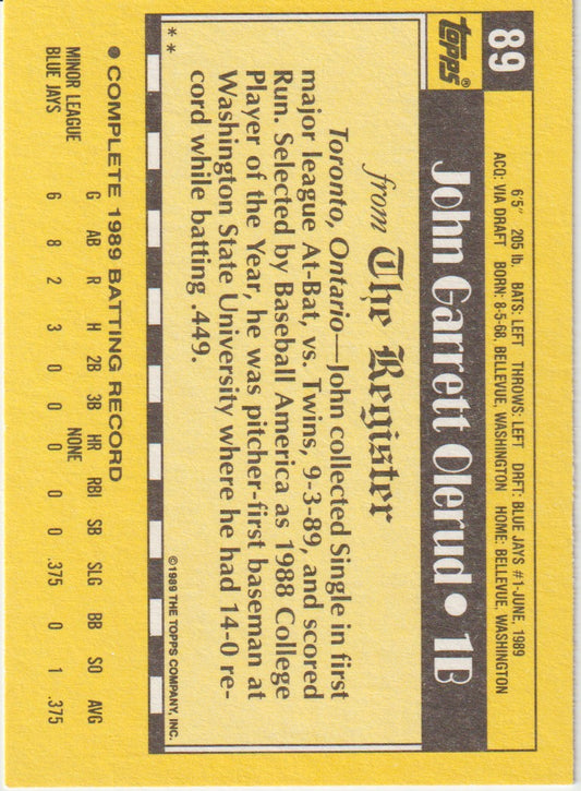 Baseball trading card for John Garrett Olerud with yellow border and black text