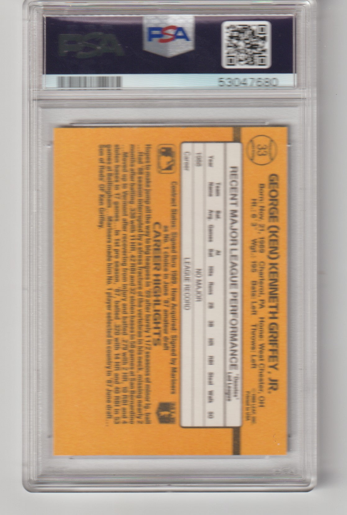 Baseball card with a PSA grading label on the back