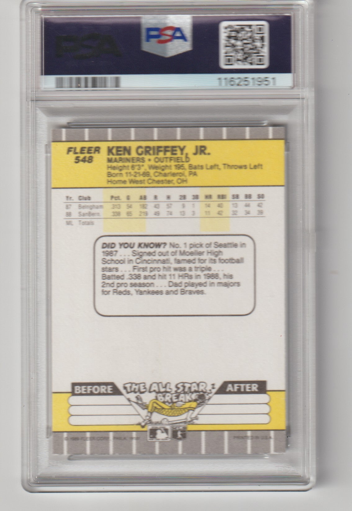 Baseball trading card with PSA grading label on a gray background