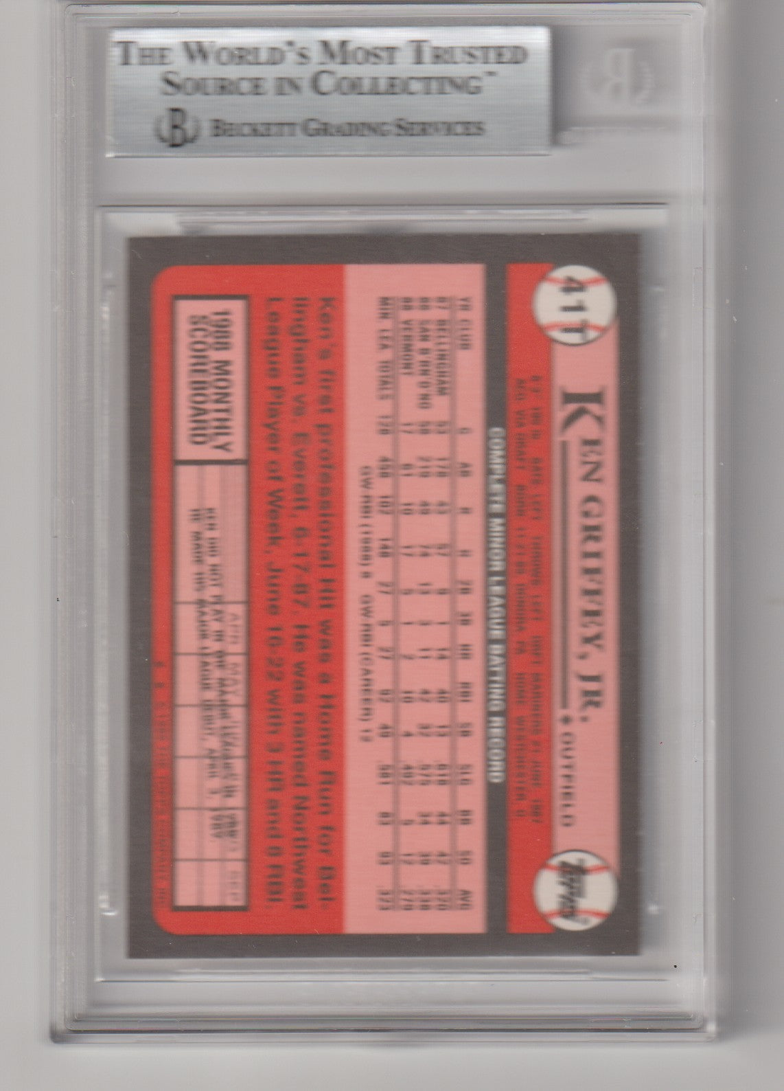 Baseball trading card with a red back featuring statistics, graded by BGS, in a protective case.