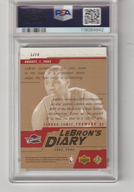 Trading card of LeBron James in a display case with PSA grading label