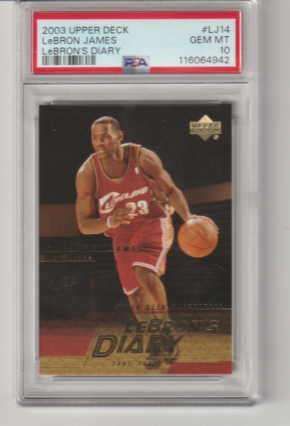 Basketball trading card of LeBron James from 2003 Upper Deck with a PSA grading label.