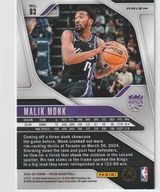 Basketball trading card of Malik Monk with game statistics and Panini logo.