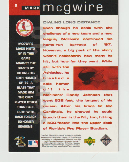Baseball trading card back featuring Mark McGwire with text and graphics