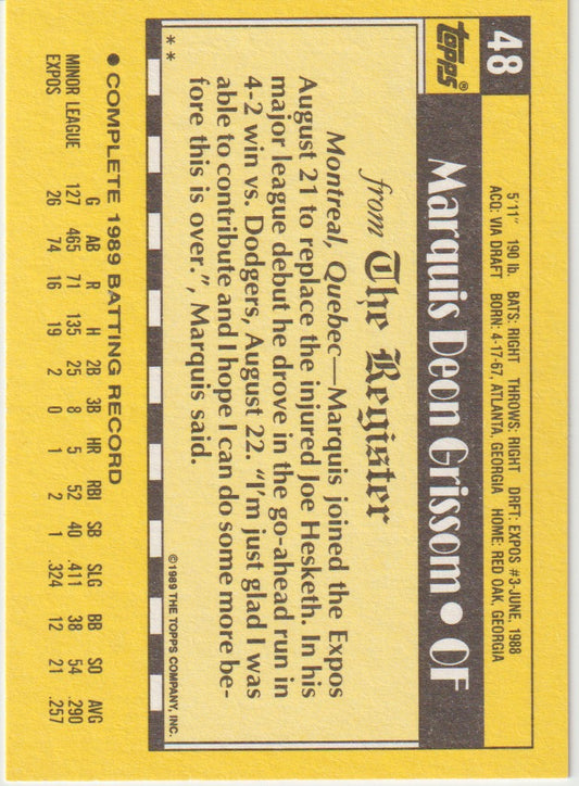 Baseball trading card for Marquis Deon Grissom with text and statistics on a yellow background