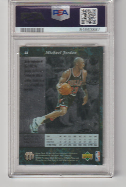 Basketball trading card of Michael Jordan in a protective case with PSA grading label.