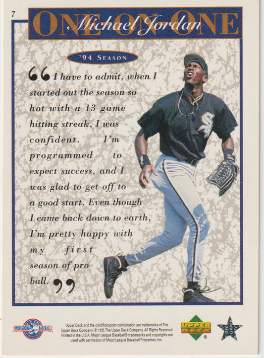 Baseball card featuring a player in a black and blue uniform with a quote on a light gray background.