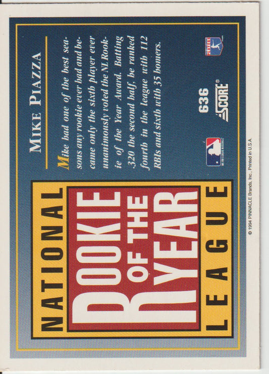 Baseball trading card featuring Mike Piazza's National Rookie of the Year League award, with text and logos on a blue and yellow border.