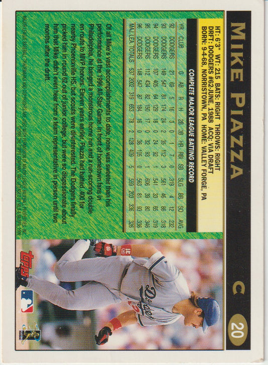 Baseball trading card of Mike Piazza with player statistics and image on a green and white background