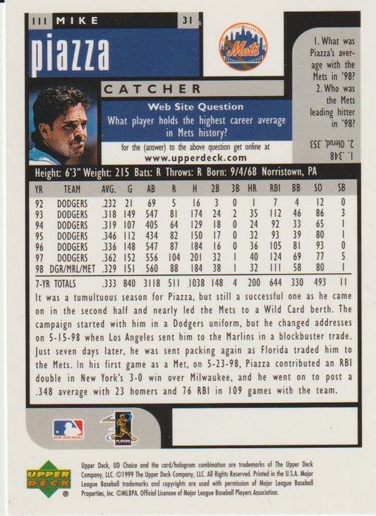 Baseball trading card of Mike Piazza with player information and statistics.