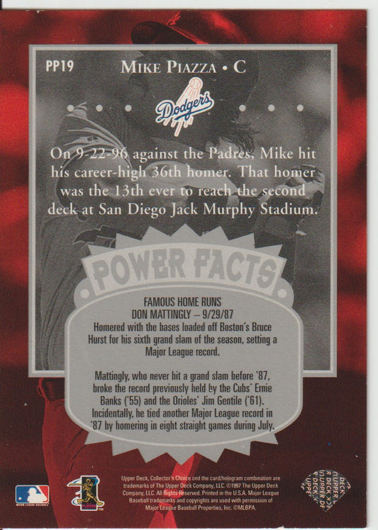 Baseball trading card back featuring Mike Piazza with text and graphics