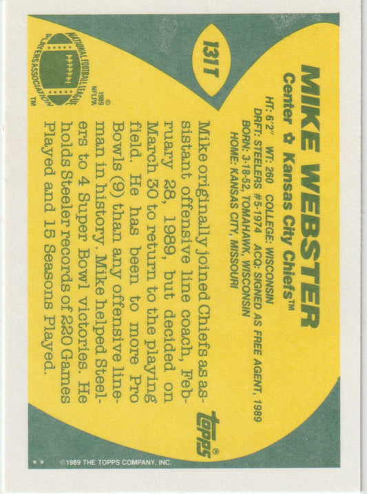 Baseball trading card back featuring Mike Webster of the Kansas City Chiefs with text and logo.
