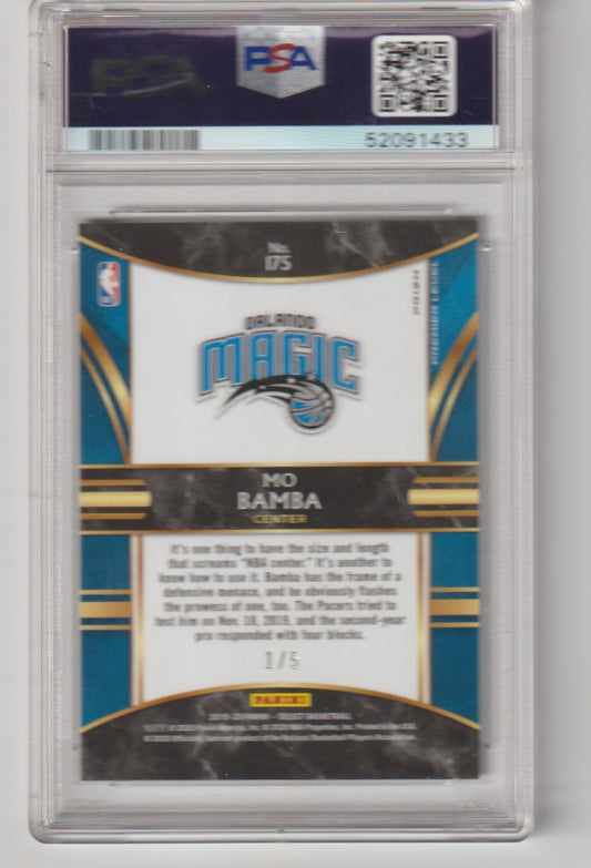 Trading card of Mo Bamba with Orlando Magic logo, PSA grading label, and text on a gray background