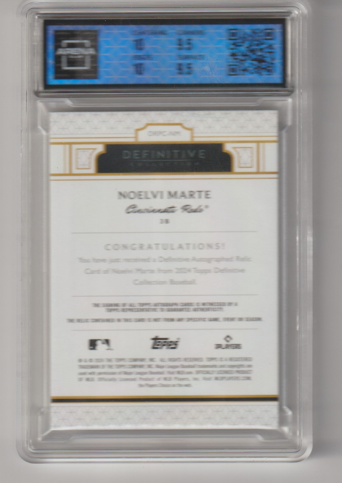 Baseball card in a protective case with a blue grading label