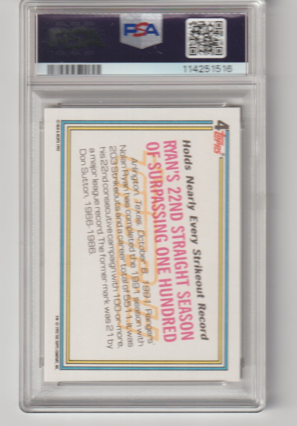 Baseball card with text and PSA grading label