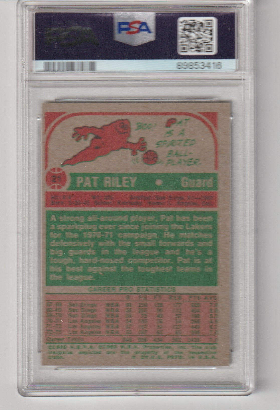 Vintage sports trading card featuring Pat Riley with a PSA grading label on top.