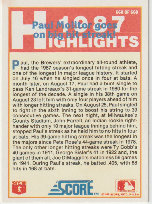 Vintage sports poster highlighting Paul Molitor's hitting streak for the Milwaukee Brewers, featuring text and logos.