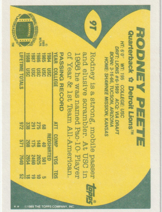 Vintage sports trading card for Rodney Peete of the Detroit Lions with yellow and green design.