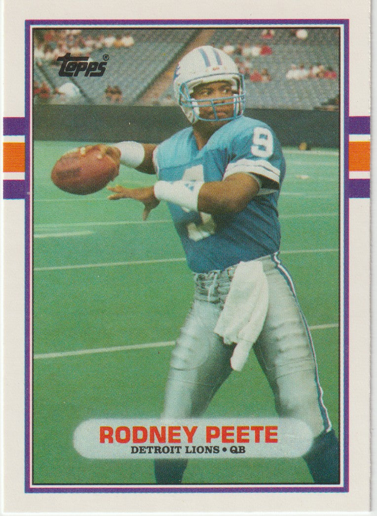 Vintage football trading card of Rodney Peete for the Detroit Lions, featuring a player in action pose on a sports field.