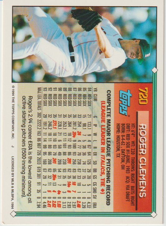 Baseball trading card of Roger Clemens with statistics and branding