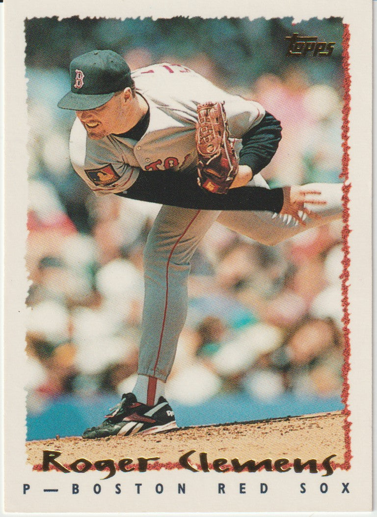 Baseball trading card of Roger Clemens pitching for the Boston Red Sox