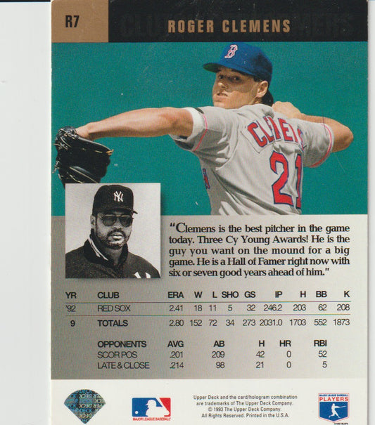 Baseball trading card of Roger Clemens with a portrait and statistics on a teal and gray background