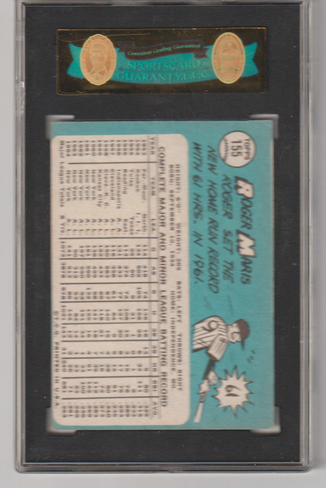 Baseball card back with text and graphics, encased in a protective sleeve.