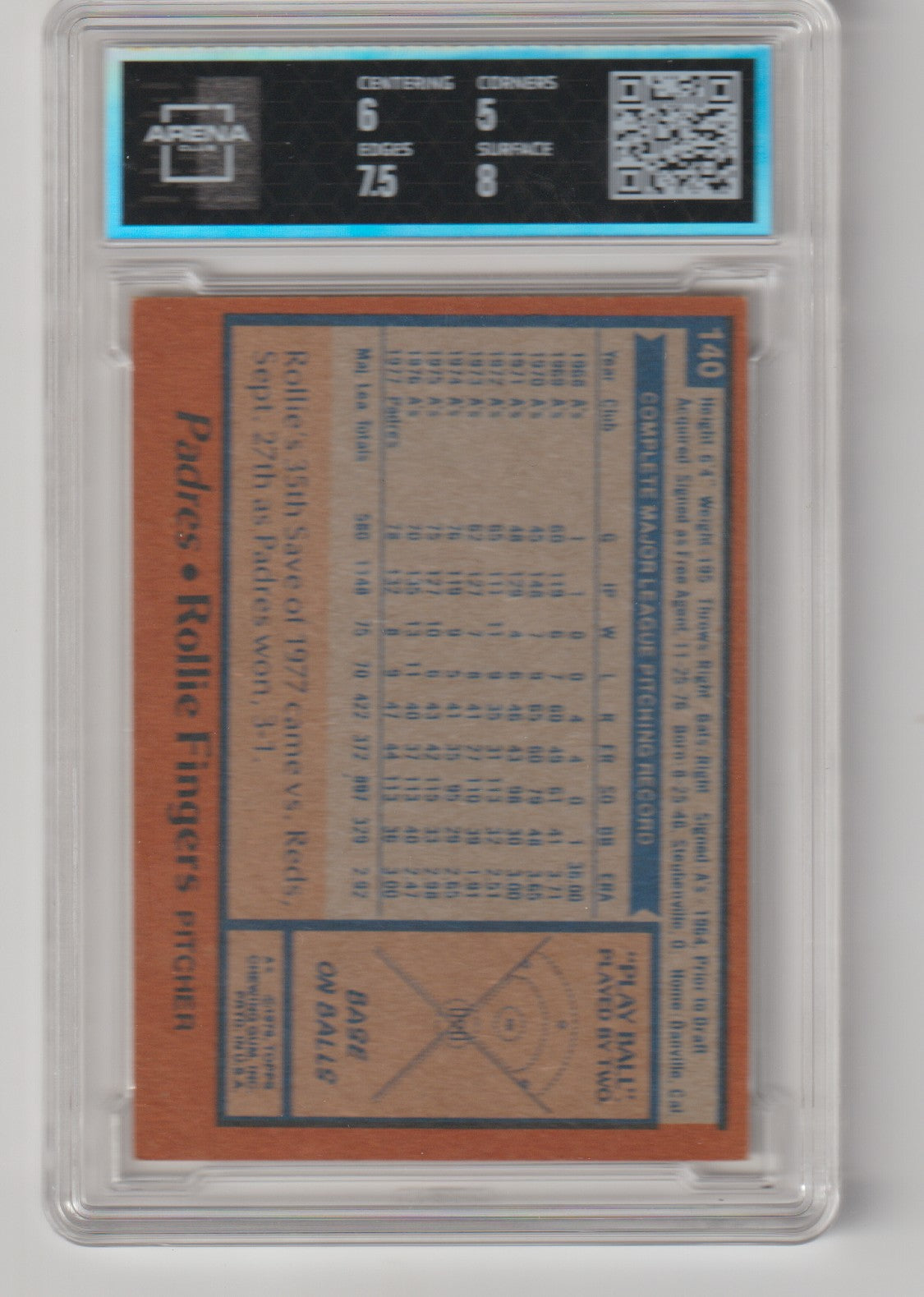 Baseball trading card in a protective case with visible grading information.
