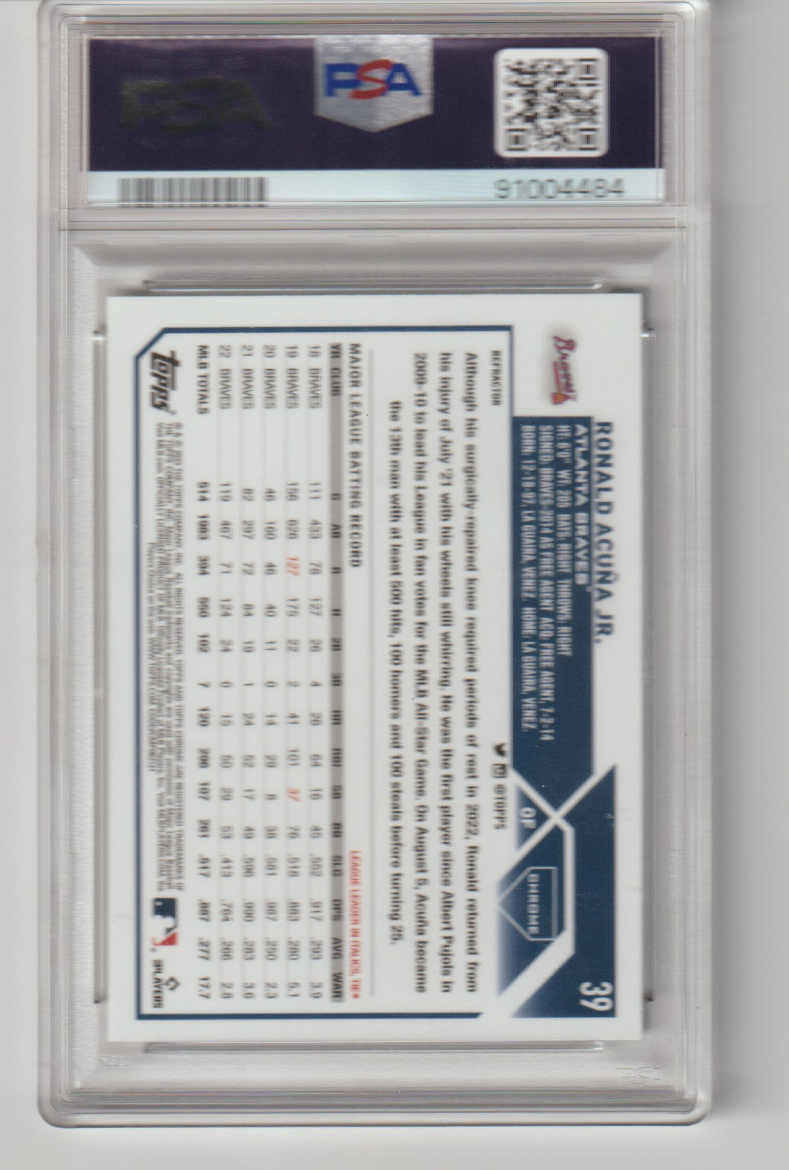 Trading card in a protective case with a PSA logo on the top