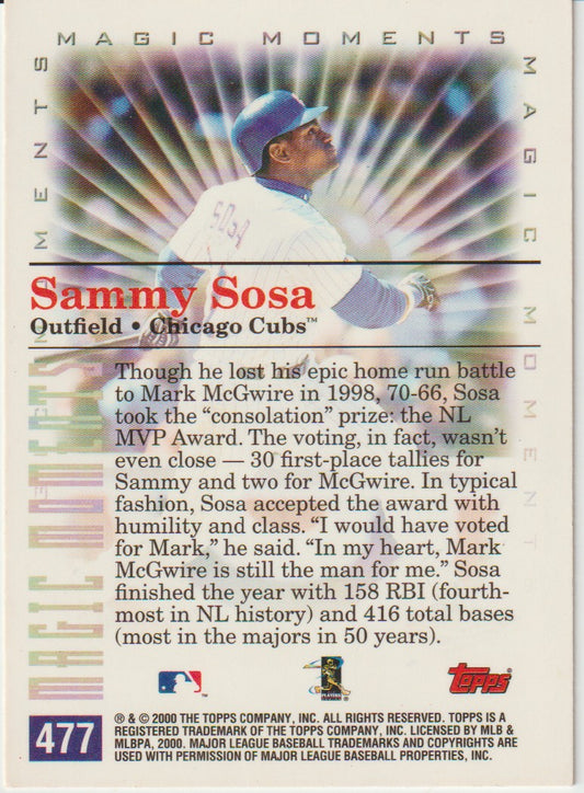 Baseball trading card featuring Sammy Sosa of the Chicago Cubs with text and Topps logo.