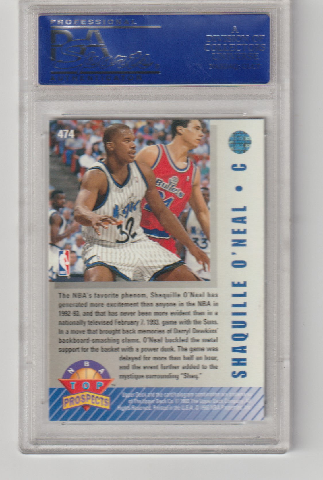 Basketball trading card featuring Shaquille O'Neal in a display case with a blue label.