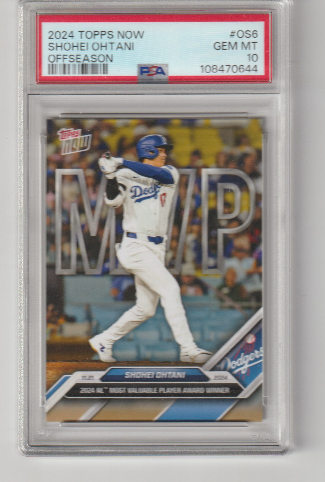Baseball trading card of Shohei Ohtani in a display case with Topps Now branding.