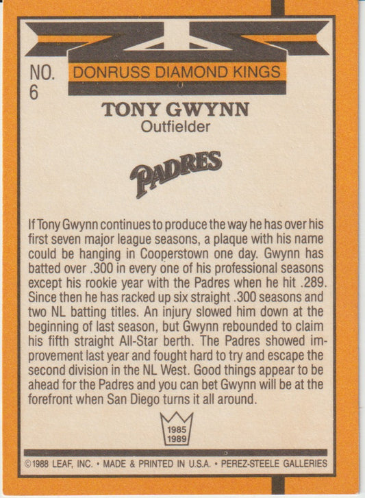 Baseball trading card for Tony Gwynn with text and branding elements.